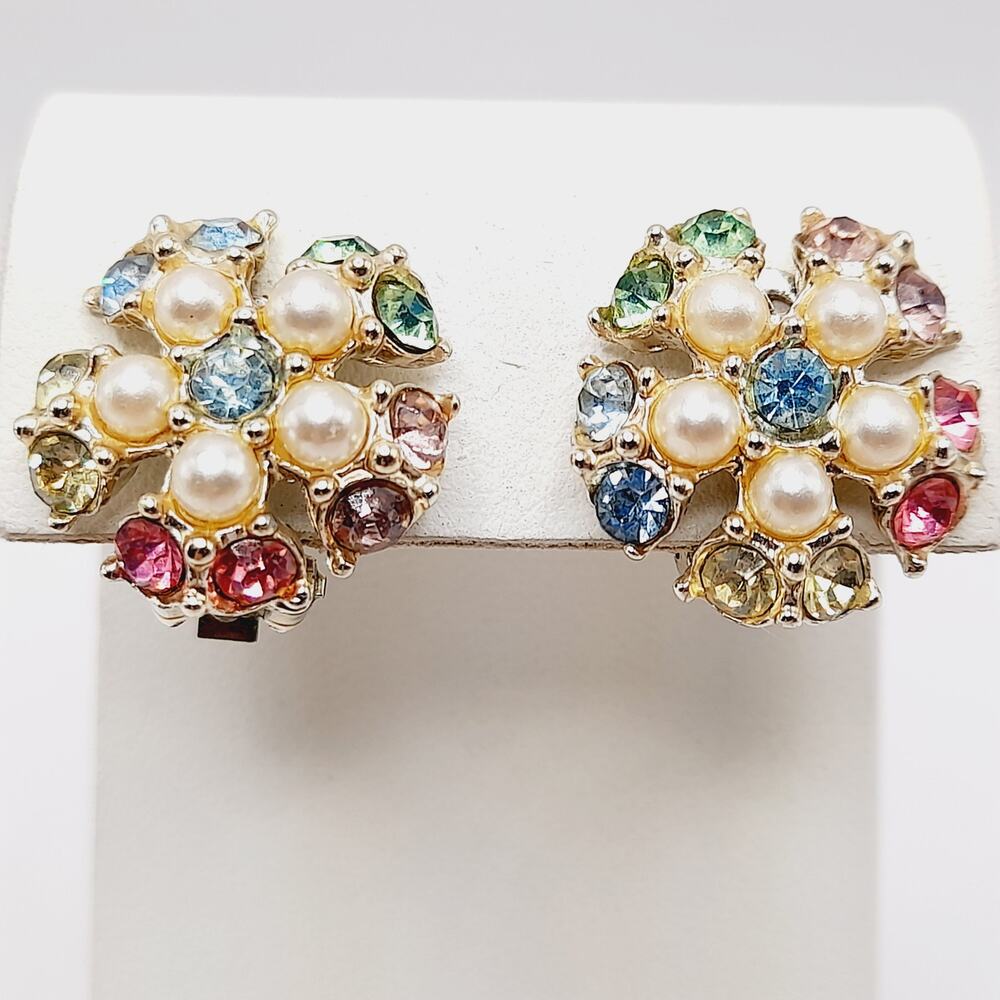 Vintage 1950s Pastel Rhinestone Faux Pearl Clip Earrings Floral Gold Tone